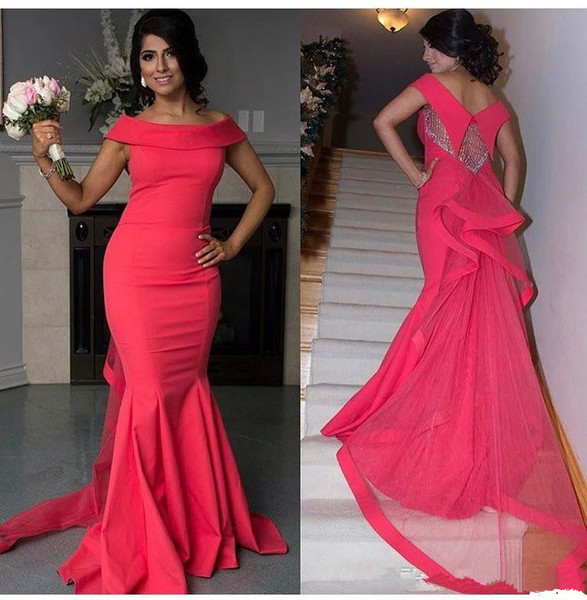 Cheap Water Melon Mermaid Beaded Evening Dressses Off The Shoulder Prom Party Gowns Sweep Train Guest Dress Z42