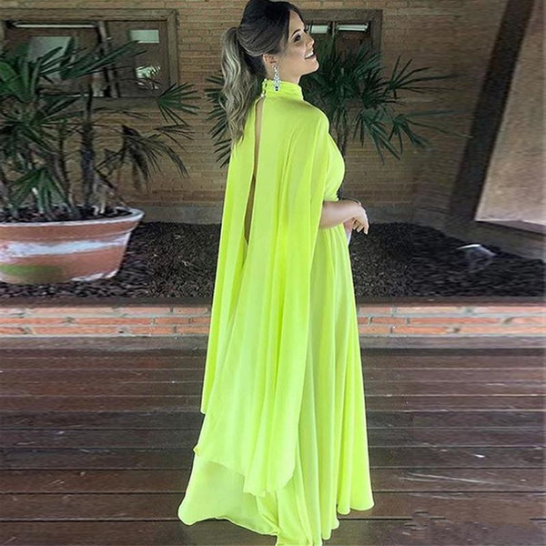 Cheap Chiffon High Neck Evening Dresses With Cape A Line Custom Made Arabic Party Gowns Celebrity Prom Gowns B94