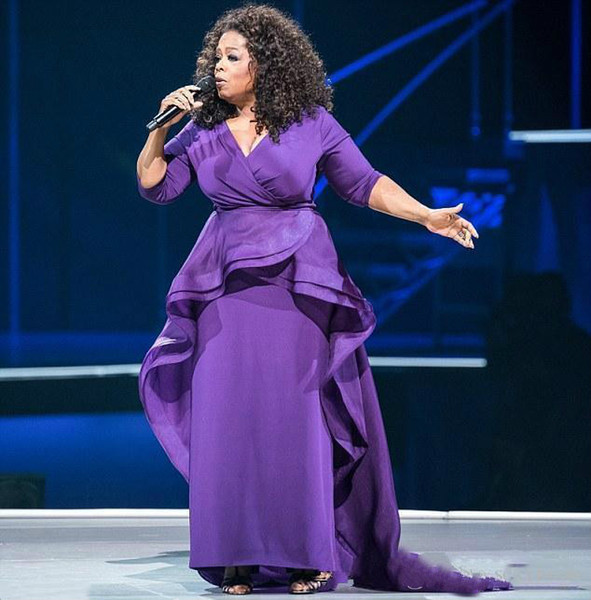 Oprah Winfrey Purple Celebrity Evening Dresses Arabic Dubai Women Plus Size Half Long Sleeves Formal Overskirt Party Dresses Prom Gowns