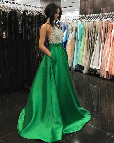 Halter Neck Evening Dresses Bling Beading Bodice Green Matte Satin Prom Dresses with Pockets High Quality Formal Party Gowns B64