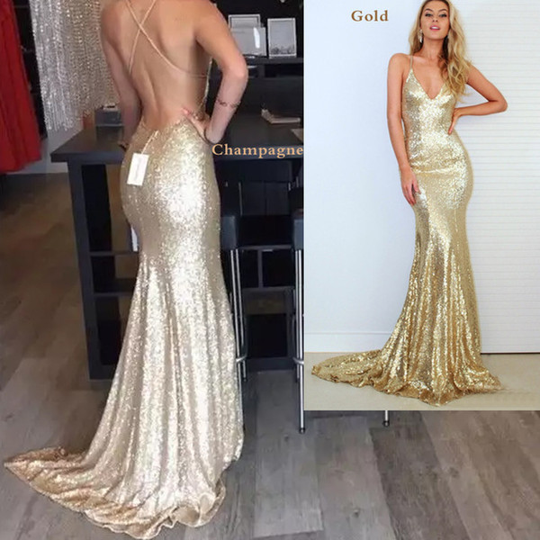 vestido para formatura Mermaid Evening Prom Dresses Trends Gold Champagne Sequined Party Gown Cross Straps Deep V Neck robe de soiree