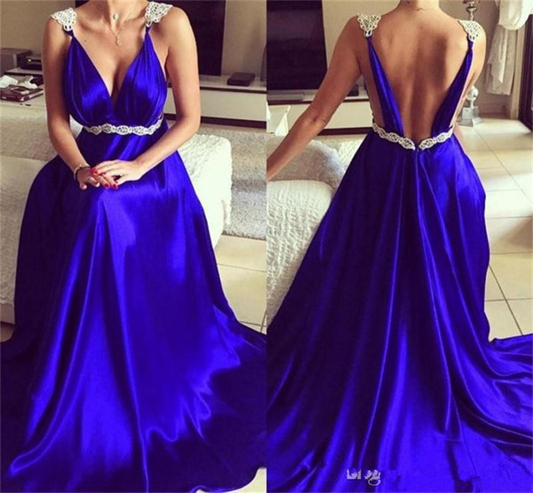 Elegant Royal Blue Evening Gowns Deep V Neck Spaghetti Straps A Line Prom Dresses Chiffon Floor Length Formal Party Dresses 33