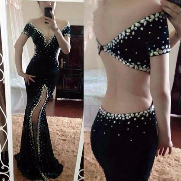 Sexy Split Evening Dresses Crystal Black Party Gowns Sexy Backless Off The Shoulder Celebrity Dress Beaded Prom Dresses Red Carpet Dress