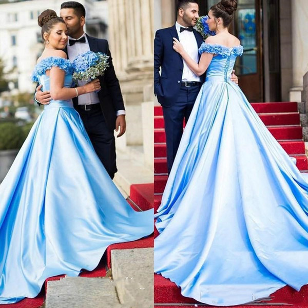 Ligh Sky Blue Hand Made Flowers Prom Dresses Dubai Arabic pageant gowns Occasion Evening Party Dress Corset Quinceanera Dresses vestidos