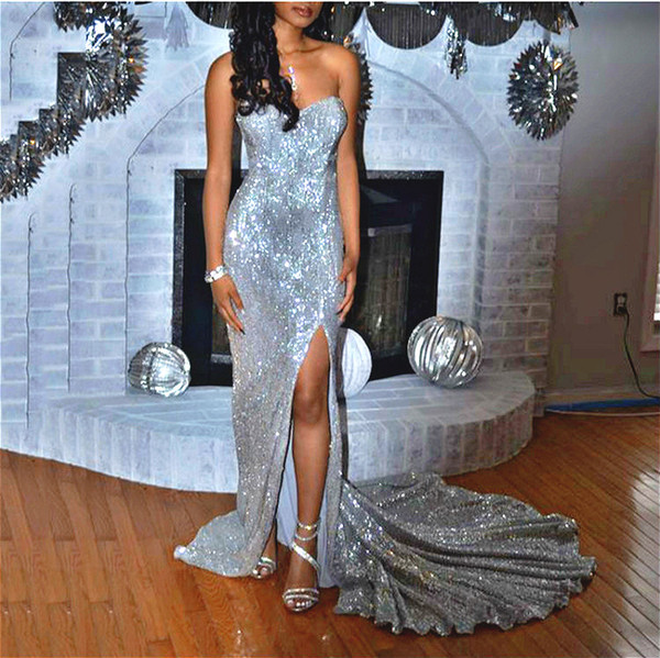 Sparkling Silver Sequin Prom Dresses Split Sheath Formal Evening Gowns Charming Party Dresses Strapless Celebrity Gowns robes de soiree