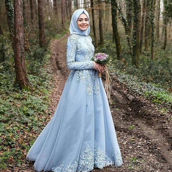 Arabic Dubai Kaftan Evening Dresses Long Sleeve Blue Lace Applique Turkish Evening Gowns 2017 arabic abaya Pageant Party Dresses Custom Made