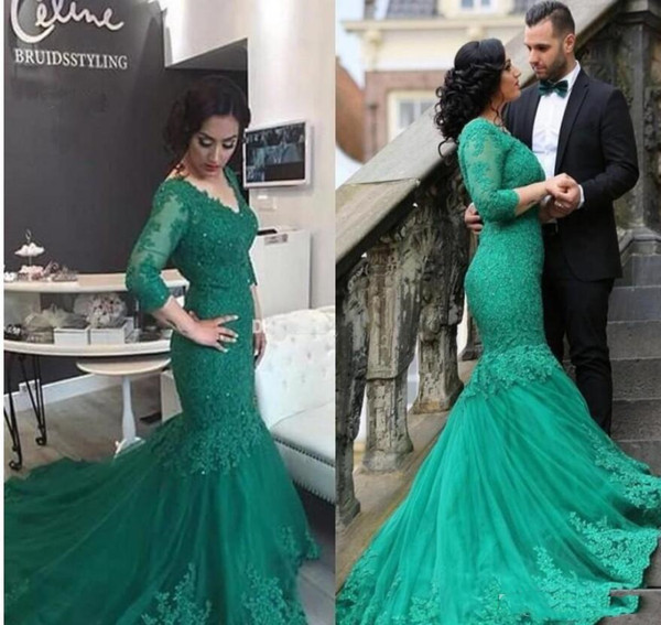 Vintage Mermaid Formal Evening Dresses Green Lace Celebrity Dresses Elegant Women Party Evening Wear Mother of the Bride Dresses Long Sleeve