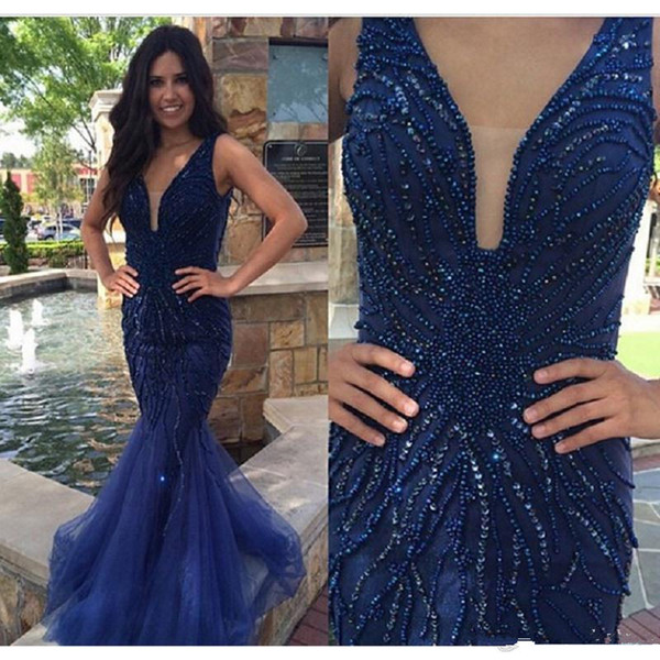 Elegant Navy blue prom dresses beaded sequins Party Dress 2017 Mermaid Evening Dresses Beading Pearls graduation dress custom made gowns