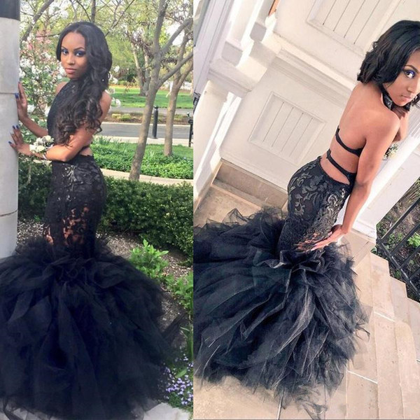 Sexy Black Girls Mermaid Prom Dresses Halter Backless Lace Party Dress pageant gowns vestido de festa longo Evening Dresses for graduation