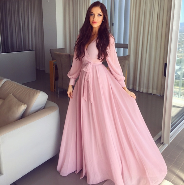 Simple A Line Pink Prom Dresses Evening Dresses Poet Long Sleeve floor length graduation women long party gowns robe de soiree dubai kaftan