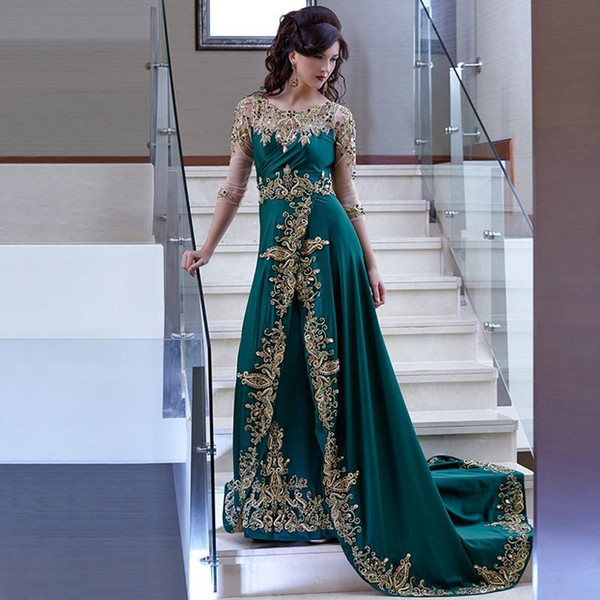 Emerald Green Vintage Gold Lace Evening Dresses Half Sleeve Party Dress Applique Beaded Celebrity Evening Gowns Floor Length Customize