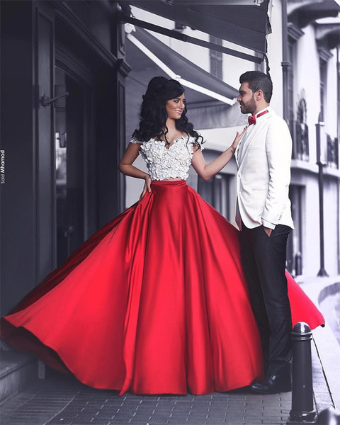 Fashion 2 Piece White Red Prom Dresses Arabic Dubai 3D-Floral Flower Satin Evening Party Dress Off Shoulder Abayas robe de soiree