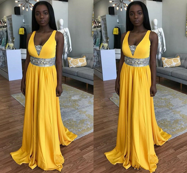 Yellow Black Girls Prom Dresses V-Neck Sequined Beaded A Line Chiffon Long Evening Party Gowns Plus Size robes de soirée Celebrity Dresses