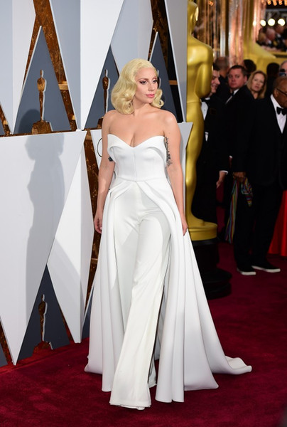 Oscar Lady Gaga Red Carpet Dresses White Pants Jumpsuit with Long Train Unique Outfits Evening Gowns Celebrity Dresses Maxwell Fashion Satin