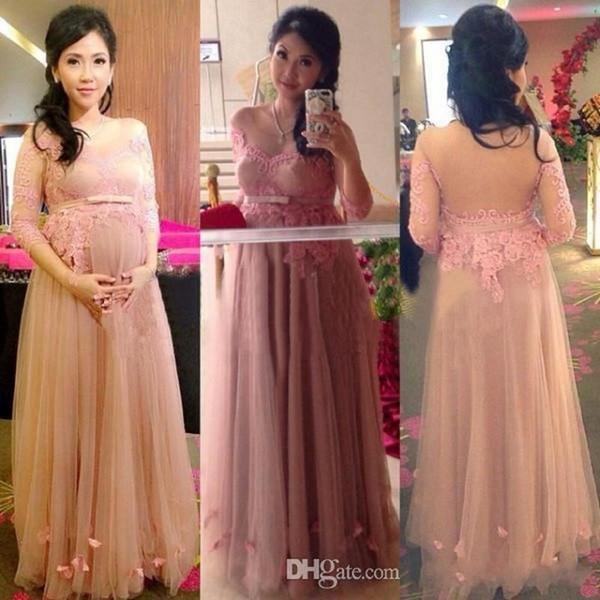 Elegant Blush Tulle Long Maternity Evening Dressses Newest Applique Flowers Sheer Neck Half Sleeves Prom Party Gowns For Pregnant Women Z37