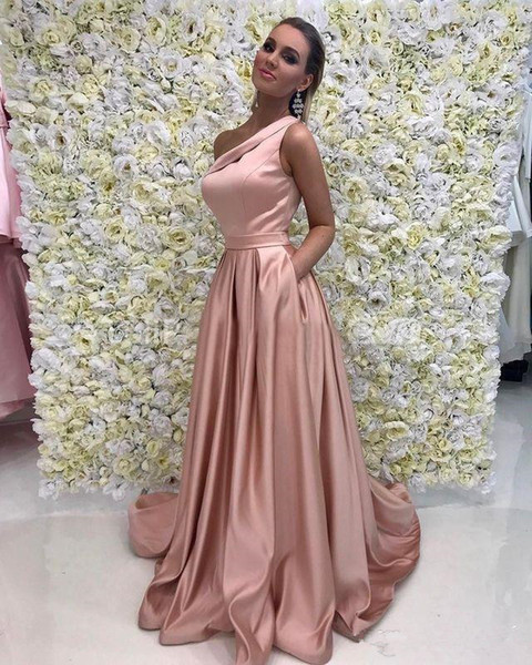 Rose Gold Elegant Evening Dresses One Shoulder Sleeveless A Line Floor Length Satin Bridesmaid Formal Prom Dress With Pockets B91