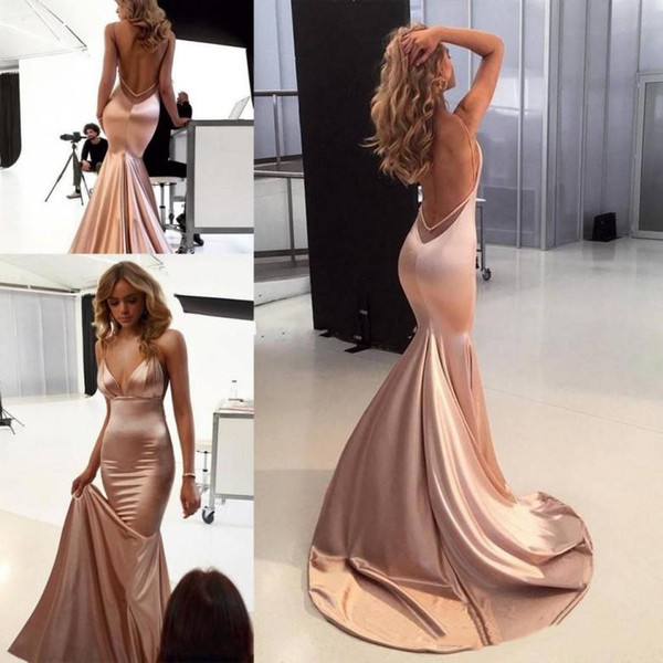 Elegant Rose Gold Mermaid Prom Dresses Spaghetti Backless V Neck Red Carpet Dress Prom Gowns Evening Party Dress Vestidos de Festa Customize