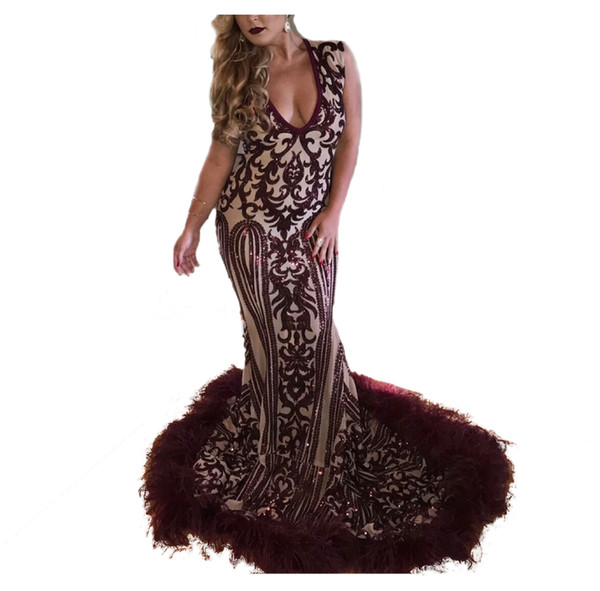 Luxurious Major Beading Mermaid Evening Dresses Deep V-Neck Feather Prom Dresses Long Vestidos De Festa Arabian Dubai Party Dresses