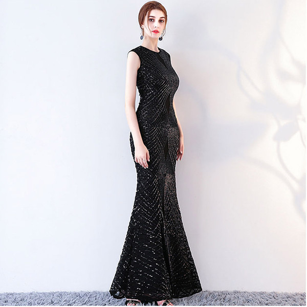 Luxurious Major Beading Sheath Evening Dresses Black Sequins O-Neck Prom Dresses Long Vestidos De Festa Arabian Dubai Graduate Dresses