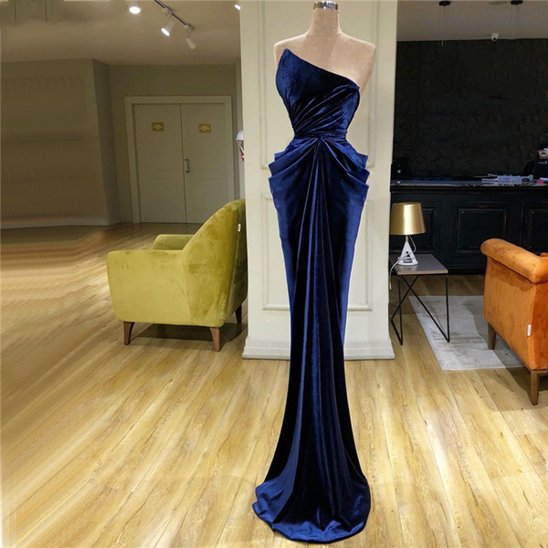 Evening Dress Navy Blue Oblique Collar Simple Formal Party Dress Off Shoulder Sexy Mermaid Velvet Evening Dresses for Women