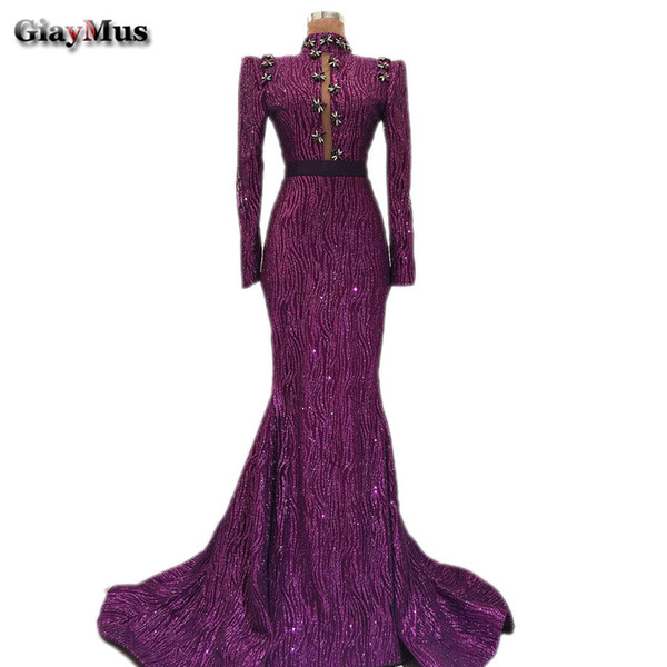 GiayMus Design Purple Sheath Evening Dresses High Neck Long Sleeves Luxury Sequins Prom Dresses Crystal Brooch Vestidos De Festa Longo