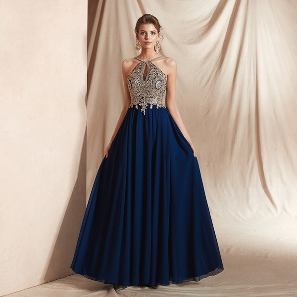 Halter A-Line Sexy Sequins Beaded Backless Floor Length Long Evening Dresses Navy Blue Chiffon Applique Party Prom Dresses