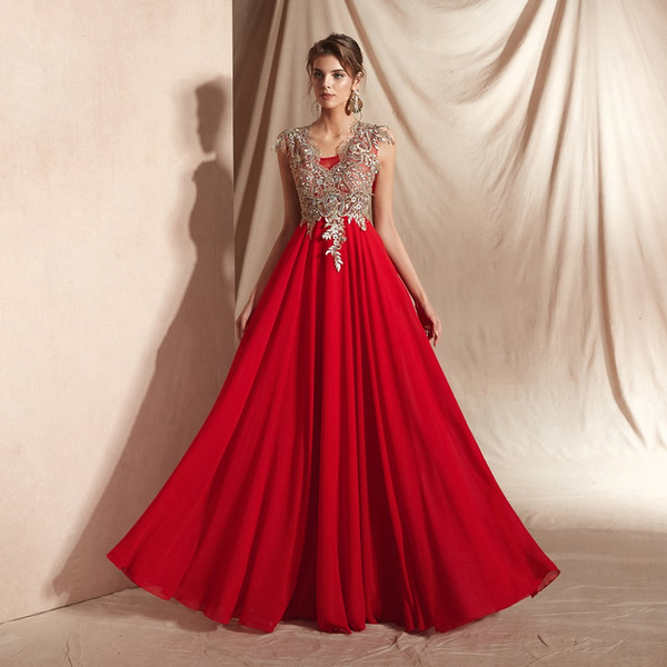 Gorgeous Applique Beaded A-Line Long Sweep Train Formal Dresses Chiffon Sleeveless Evening Prom Party Gowns