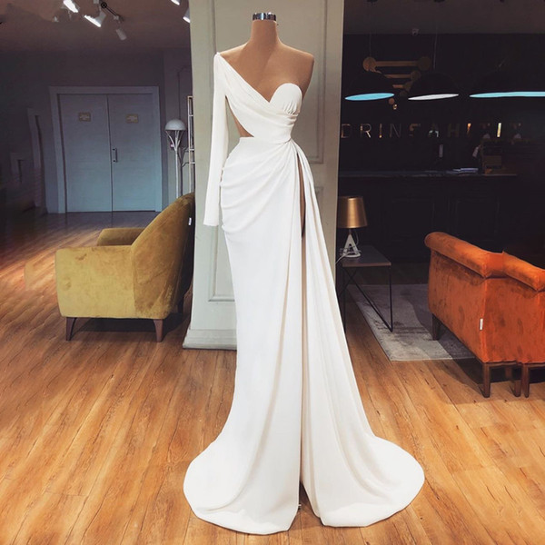 White One Shoulder Long Sleeves Evening Dress Satin Mermaid Simple Sexy Side Split Formal Party Dress