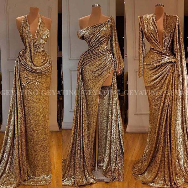 Saudi Arabia Mermaid Gold Sequined Long Sleeves Evening Dress One Shoulder High Split Prom Dresses Long Women Formal Party Gowns