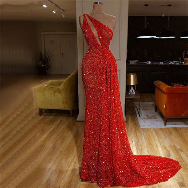 Dubai Red One Shoulder Sexy Evening Dress Mermaid Prom Dresses Beading Sequins Luxury Formal Party Gown