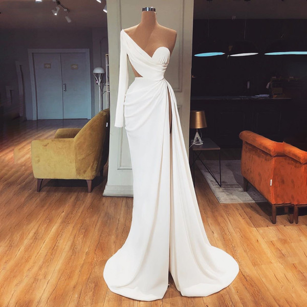 White Satin Simple Long Sleeves Evening Dress Sexy Pick-ups Prom Gown Mermaid Elegant Long Formal Party Gown