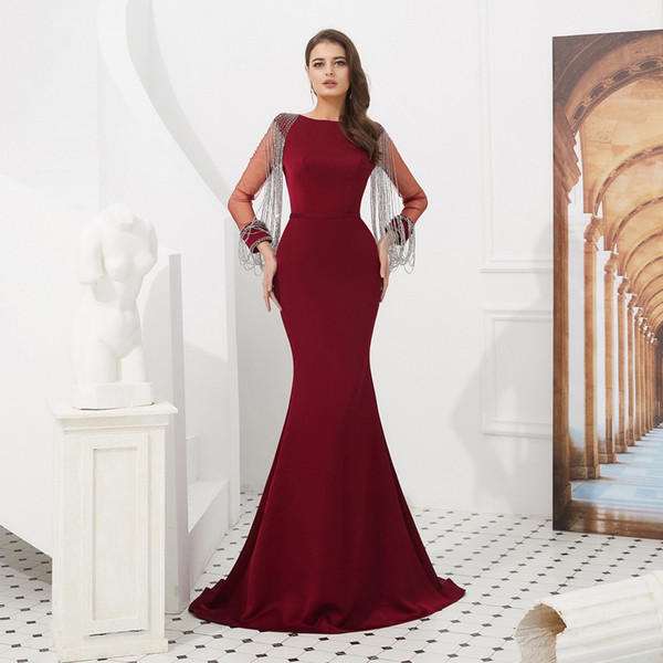 New wine tasting spring red long skirt with wrap-around hips Elegant long-sleeved fishtail evening dress with crystal chain tassel trim