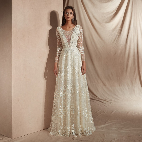 White Lace A-Line Floor Length Long Sleeves Party Evening Gowns Illusion Back Sexy Applique Beaded Prom Dresses