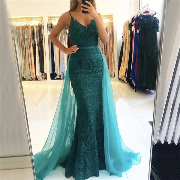 Green Sling Lace Beading Mermaid Evening Dresses Sexy Sleeveless V-Neck Tulle Formal Dress Real Photo