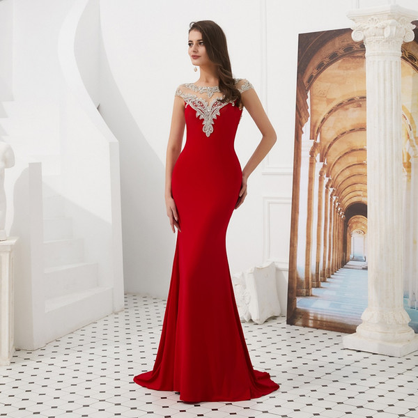 Red Party Prom Dress V-Neck Open Back Illusion Bodice Sequins Beaded Long Fish Tail Formal Evening Dress