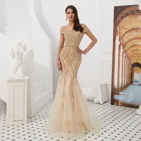 Fashionable Hot Junoesque Sexy Gold Bateau Beaded Prom Party Dress Luxurious floor length Mermaid Party Evening Dress