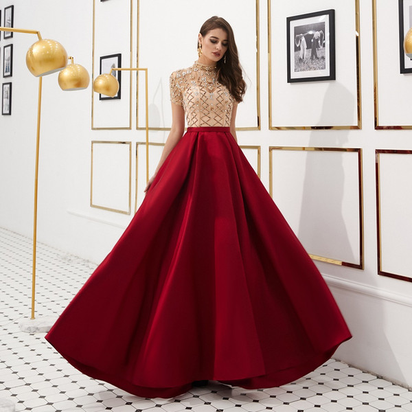 Stitching Design Dignified Diamond Decoration Jewel Prom Dresses Satin Floor-length Major Beading Elegant Empire Evening Dresses