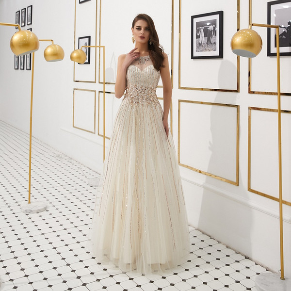 Light Champagne Starry Sky Tassel Party Prom Dress Sequins Beaded Tulle Open Back Luxury Long A-line Evening Dress