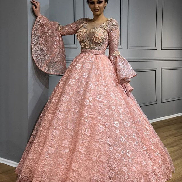 Arabian Design Ball Gown Prom Dresses Lace 3D Flowers Horn Sleeves Sheer Beaded Evening Dress Long Vestidos De Festa Graduate Dress