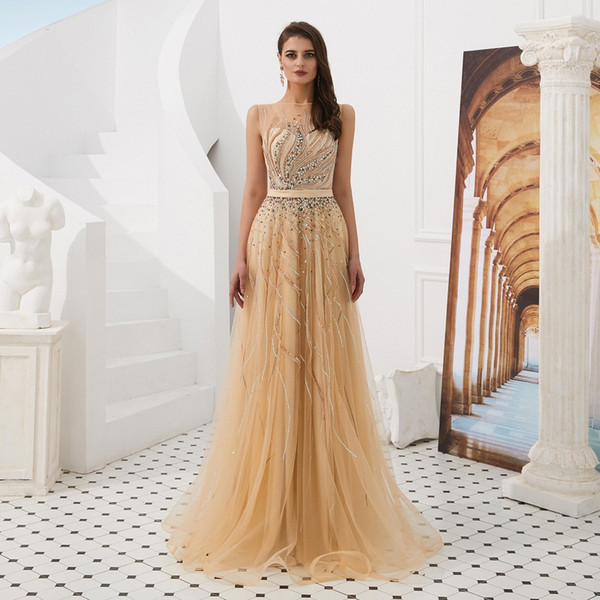 Fashionable Junoesque Glamorous Champagne Gold Bateau Beaded Prom Party Dress Luxurious Sequins Long Party Evening Dress