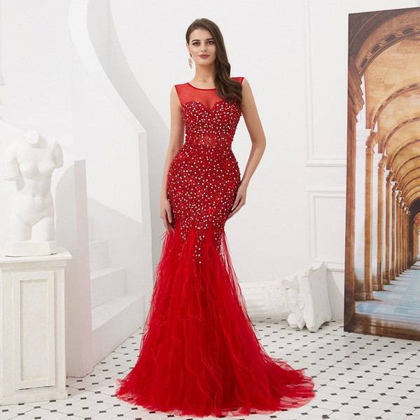 New Fashionable Red Ostrich Hair Evening Gowns Sleevesless Trumpet Long Sweep Dresses Sexy Backless Sequins Waist Beaded Evening Dress