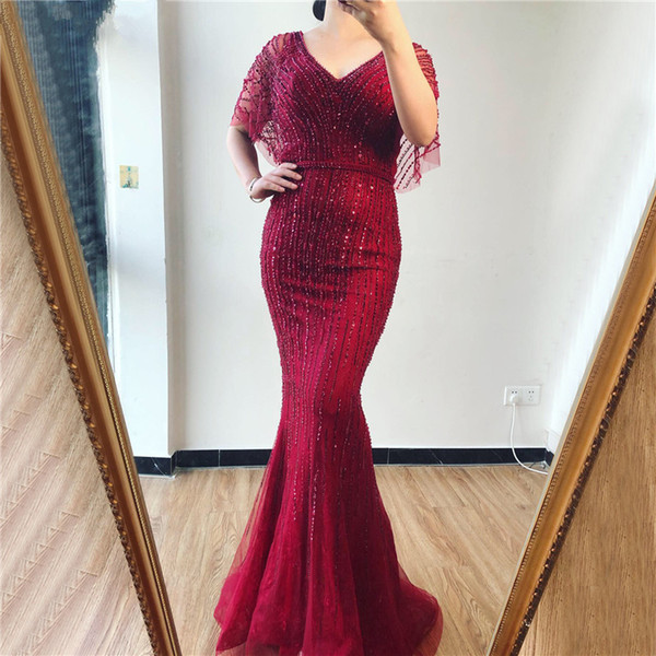 Dubai Luxury Half Sleeves Mermaid Evening Dresses 2020 Pink V-Neck Beading Crystal Evening Gowns Design Real Photo