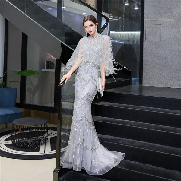 Silver V-Neck Mermaid Sexy Evening Dresses 2020 Sleeveless Feathers Shawl Yarn Formal Dress