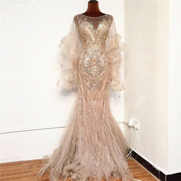 Gold Petal Long Sleeve Mermaid Evening Dresses 2020 Luxury Sparkl Sequins Beading Sexy Formal Dres