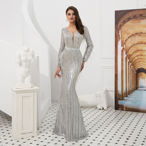 Luxury Sliver Gray Deep V-Neck Sexy Long Sleeved Sequined Fish Tail Evening Gowns Beaded Fringe Open Back Sweep Long Mermaid Prom Party