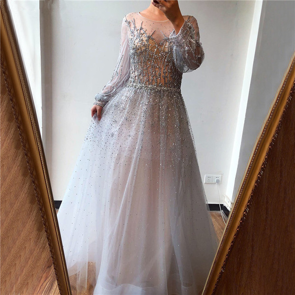 Silver Luxury Long Sleeves Dubai Evening Dresses 2020 O-Neck Sequins Beading Sexy Formal Dress