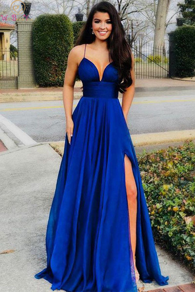 Royal Blue Evening Dresses Long Deep V Neck Spaghetti Strap Formal Party Prom Gowns Satin vestido de festa