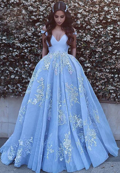 Elegant Quinceanera Dresses Light Blue V-neck Off Shoulder Floor Length Ball Gown Formal Party Ceremony Long Graduation Evening Gowns