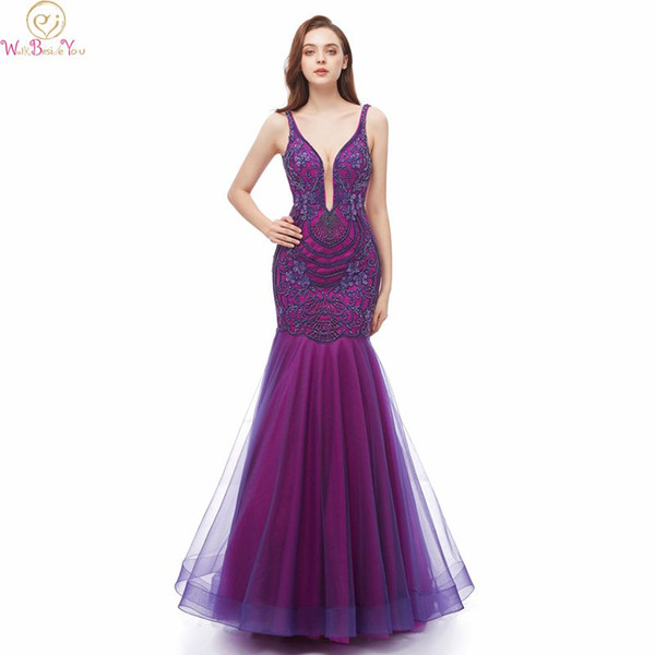 Sexy Deep V Neck Evening Dresses New Elegant Sleeveless Floor Length Embroidery Beading Mermaid Tulle Formal Party Gowns