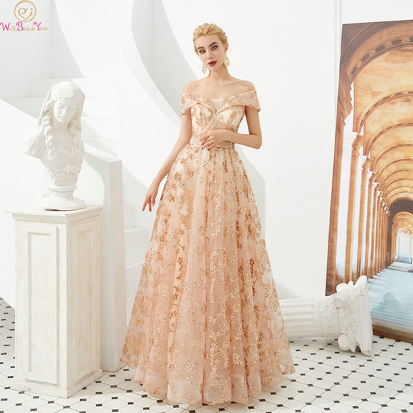 Elegant Evening Dresses Floor Length Long Tulle Off The Shoulder Lace Up Sequined Formal Party Prom Gowns robe de soiree